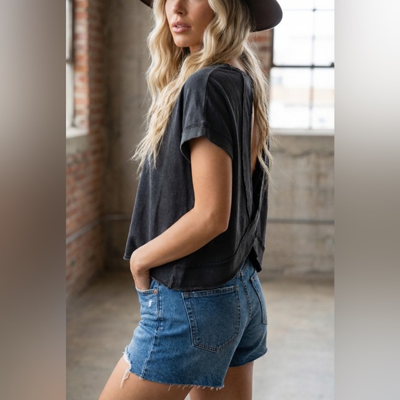 NWT Washed Black Cotton Open Back Cropped Tee T-Shirt Crop Top - Picture 7 of 10